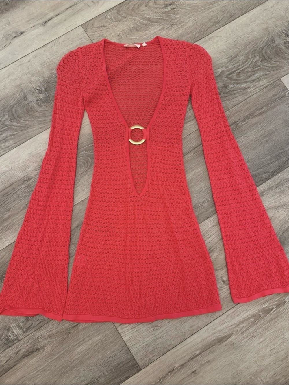 Monday Swimwear Red Crochet Long Sleeve Swim Coverup with Ring Detail